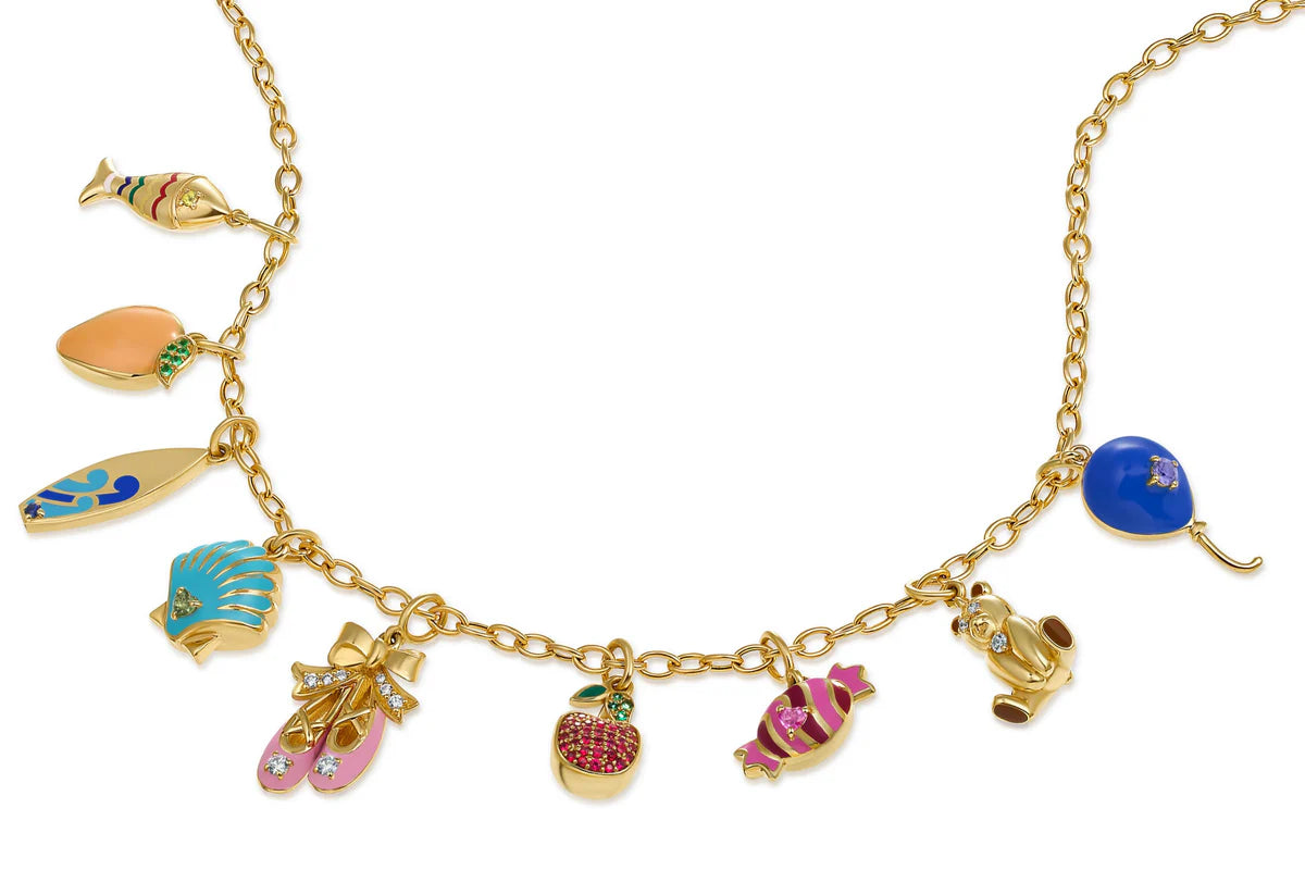 Onirikka Gold necklace with colorful Onirikka enamel charms on a white background