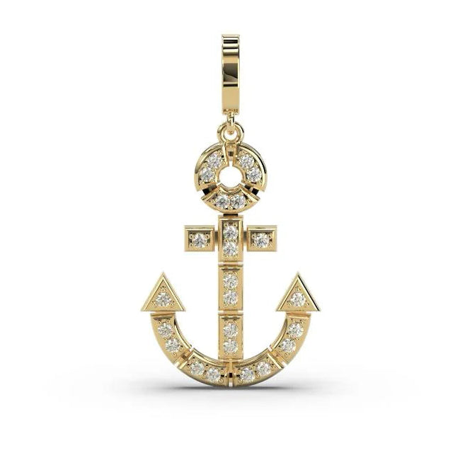 Onirikka Glimmer Anchor Diamond Charm in 18k yellow gold with 0.36 ct diamonds, featuring an enhancer clip to attach to most necklaces.
