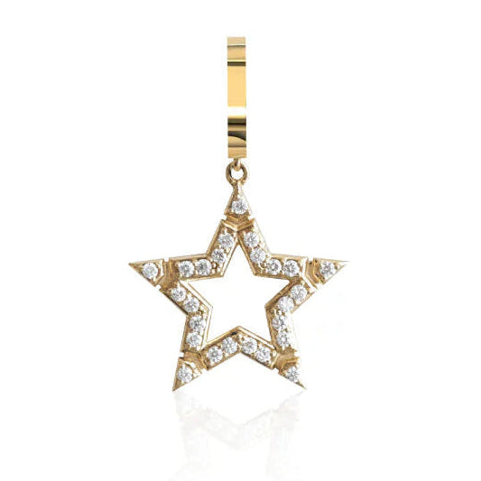 Product shot of Onirikka Glimmer Diamond Star Charm in 18k yellow gold with 0.38 ct diamonds, featuring an enhancer clip that fits most necklaces and chains.