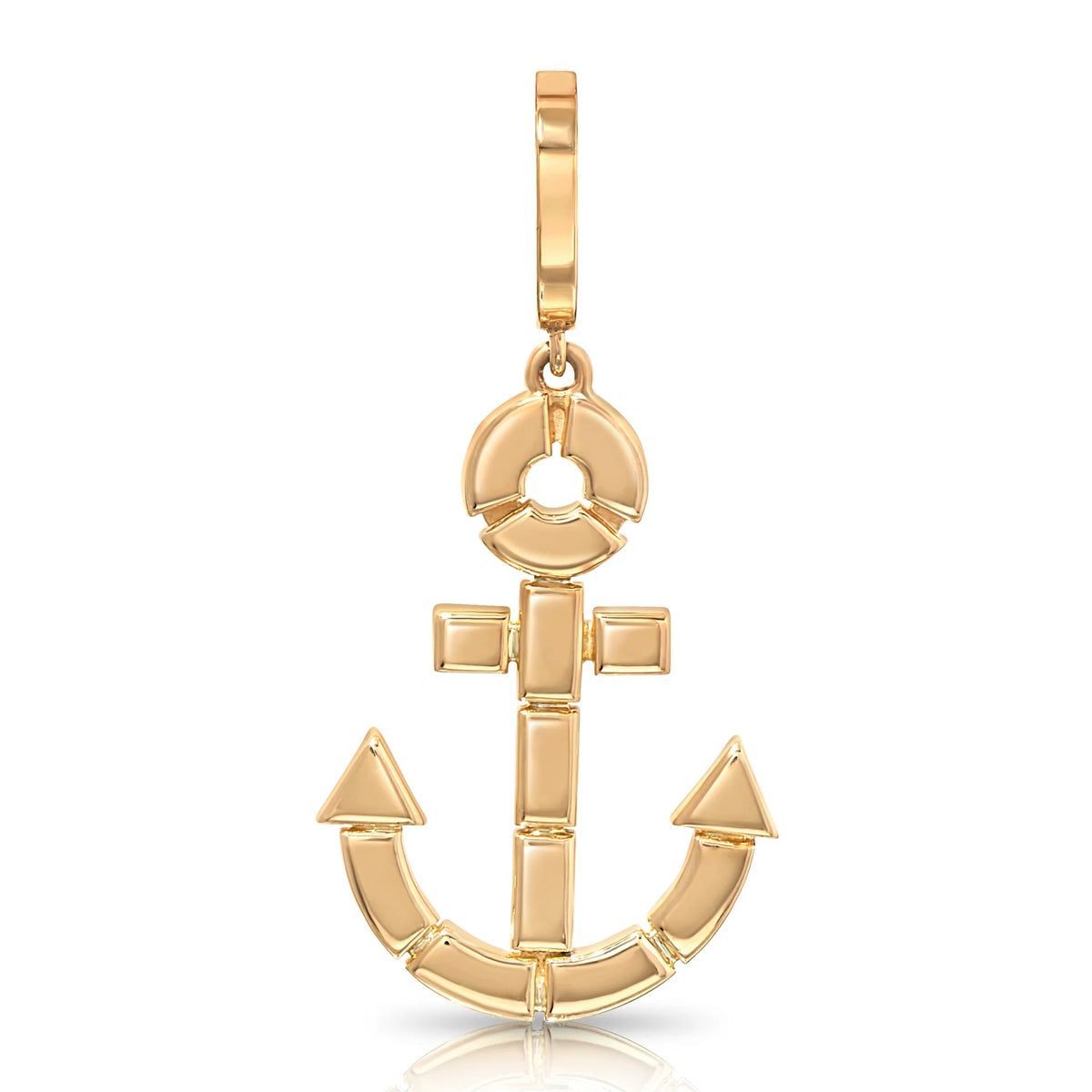 Onirikka Glimmer Gold Anchor Charm in solid 18k yellow gold with enhancer clip, designed to attach to most necklaces or charm chains.