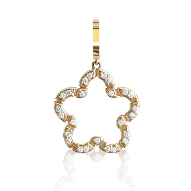Onirikka Glimmer Diamond Flower Charm in 18k yellow gold with 0.38 ct diamonds, featuring an enhancer clip to attach to most necklaces and chains.