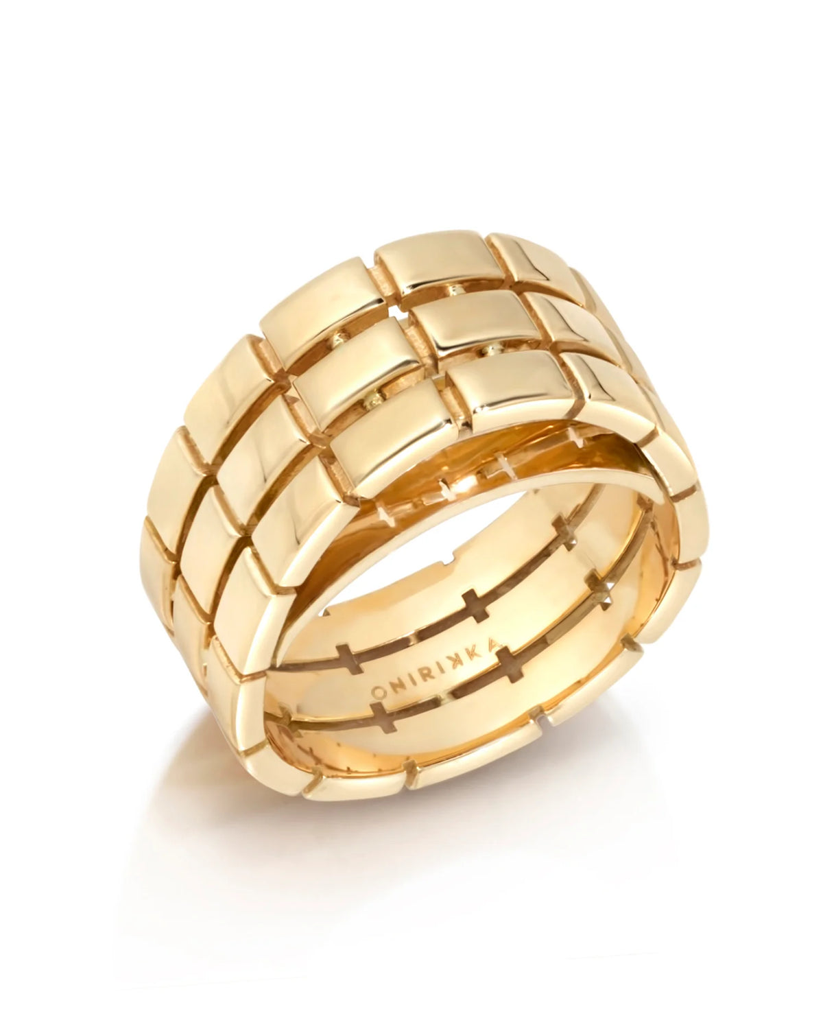product shot of Onirikka Glimmer Gold oval trio ring on a white background