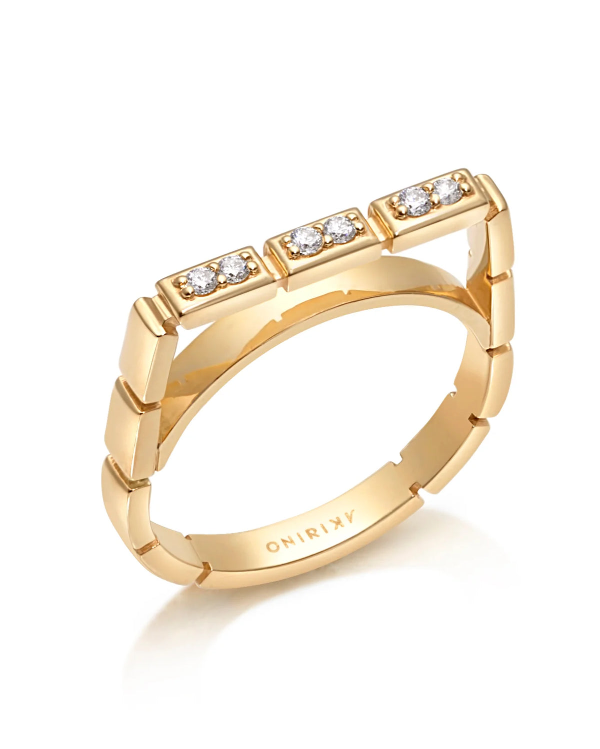 Product Shot of Onirikka Glimmer Square Diamond Row Ring in yellow gold on a white background. 