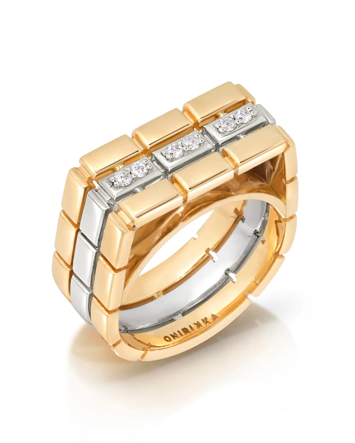product shot of Onirikka Glimmer square trio diamond ring in yellow and white gold on a white background. 