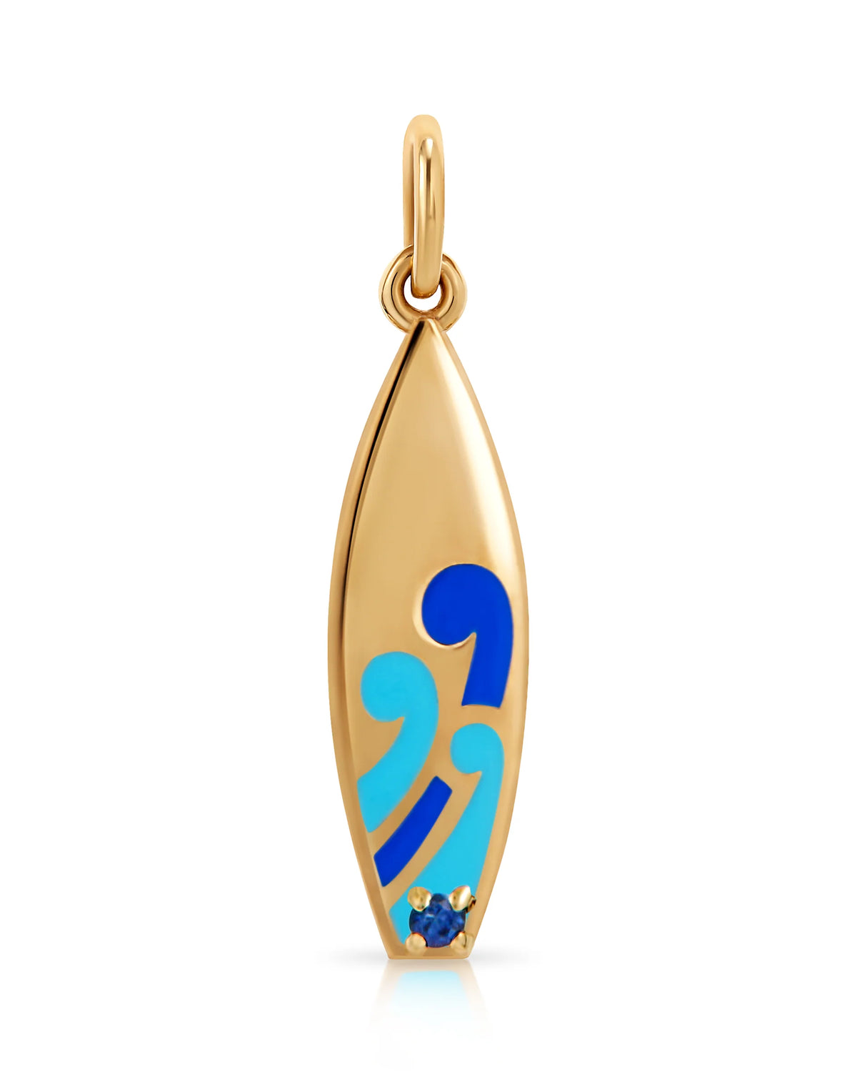 Onirikka Surfboard Charm in 18k yellow gold with blue enamel and blue sapphire gemstone, beach-inspired charm from the Nostalgia Collection.