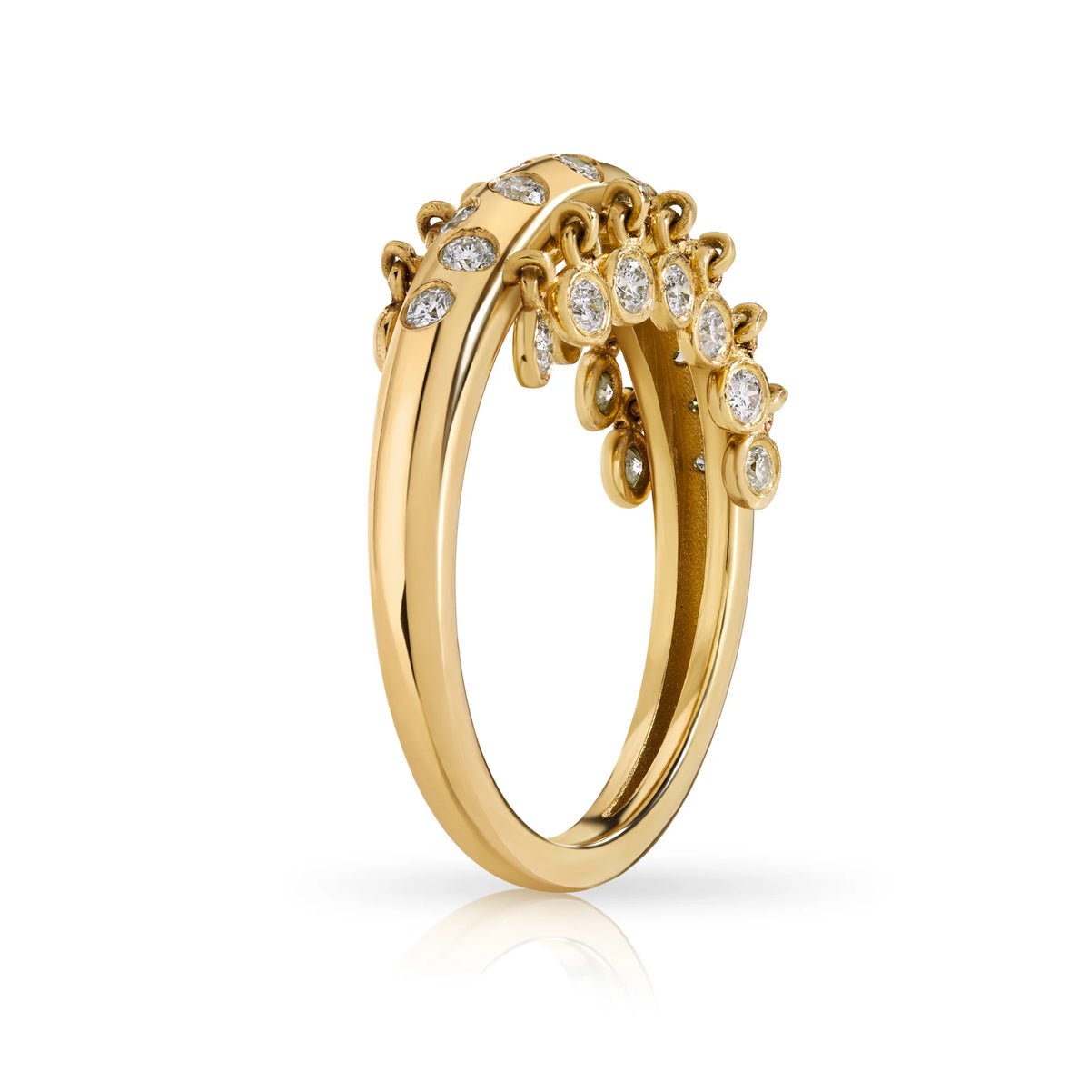 side view of Onirikka Caviar Ring in polished 14k yellow gold with 0.46ctw bezel-set diamonds — elegant gold ring with dangling diamonds.