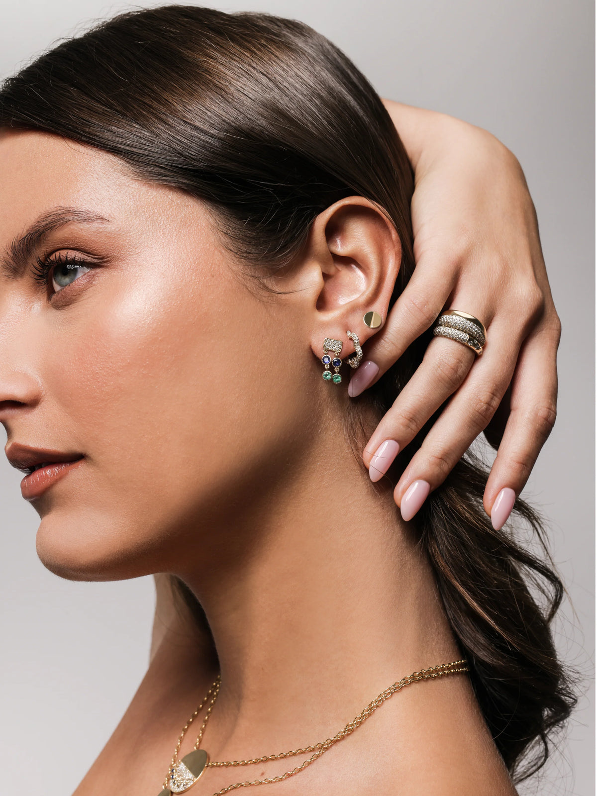 Onirikka Double Decker Ring in satin 14k yellow gold with 1.30ctw diamonds — stacked gold band ring.