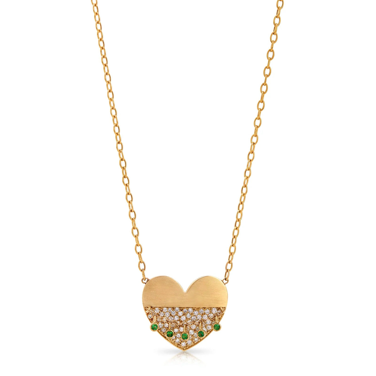 Product Shot of Onirikka Heart Hemline Medallion in satin 14k yellow gold with diamonds and emeralds on an 18-inch rolo chain — elegant gold heart necklace.