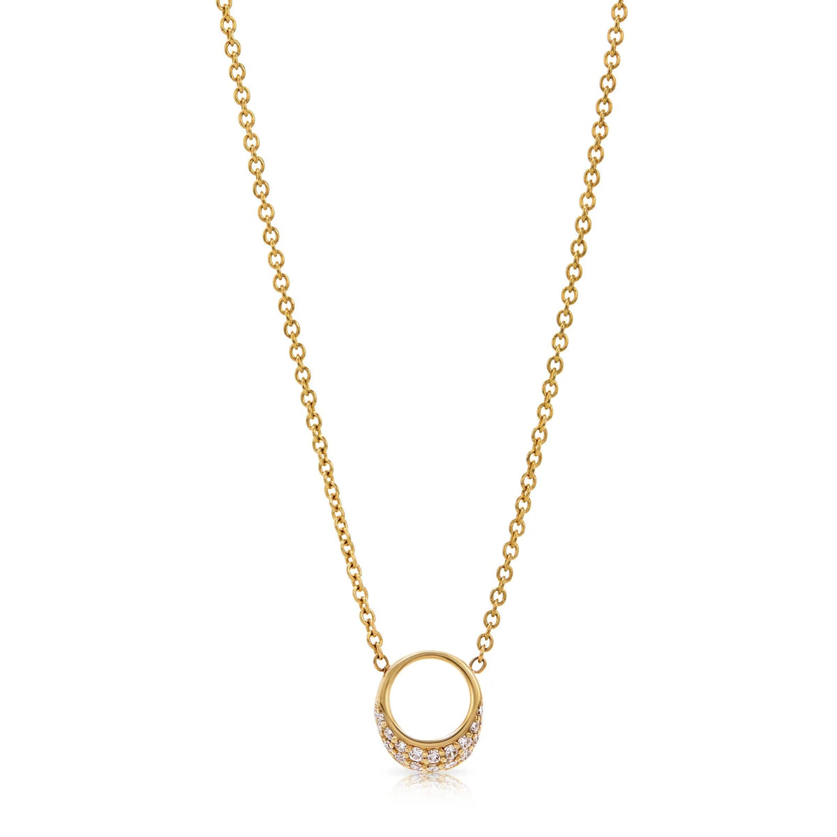 Product shot of Onirikka Petite La Luz Necklace in polished 14k yellow gold with pavé diamonds on a 16-inch cable chain.