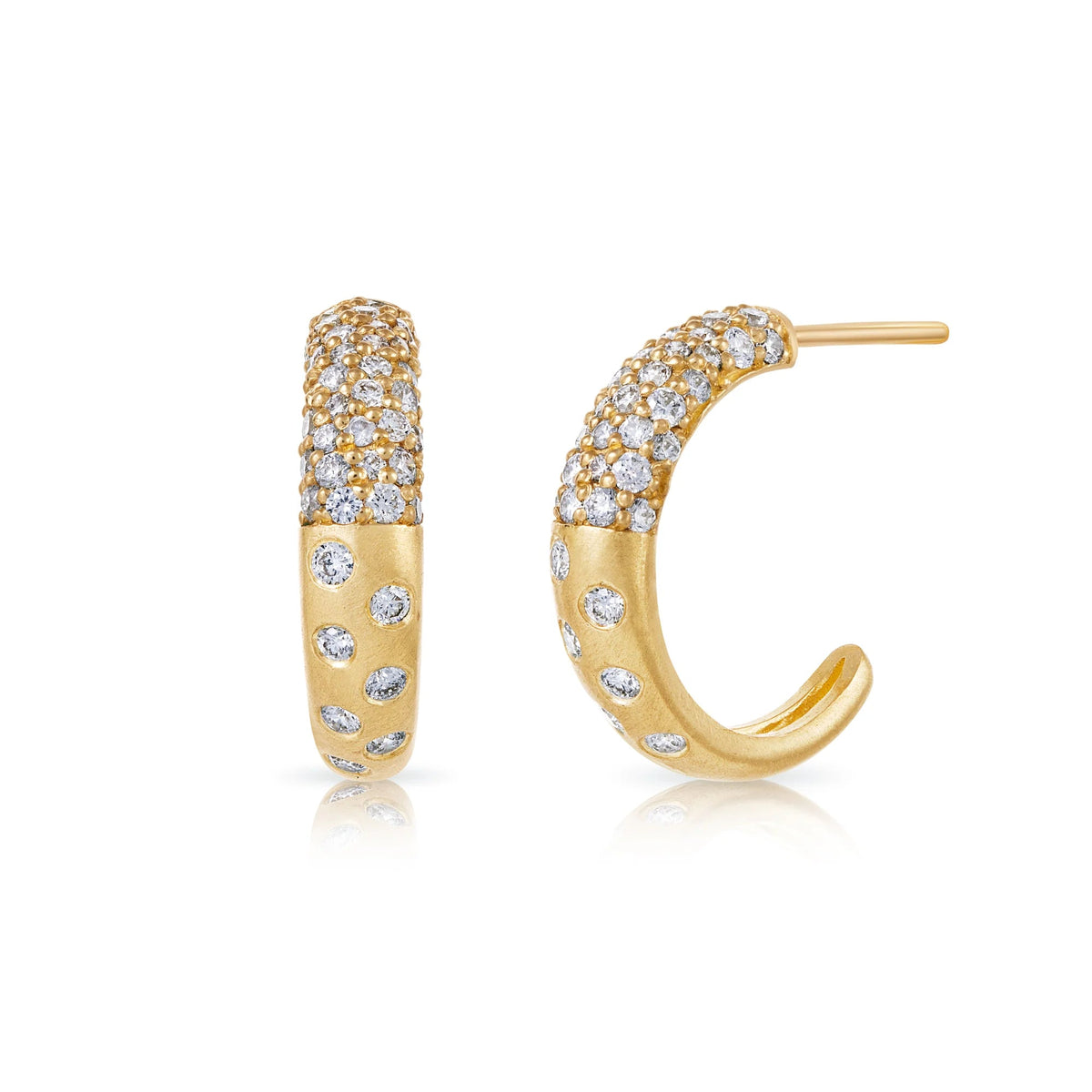 Product shot of Onirikka Synergy Hoop in yellow gold and diamonds over a white background.
