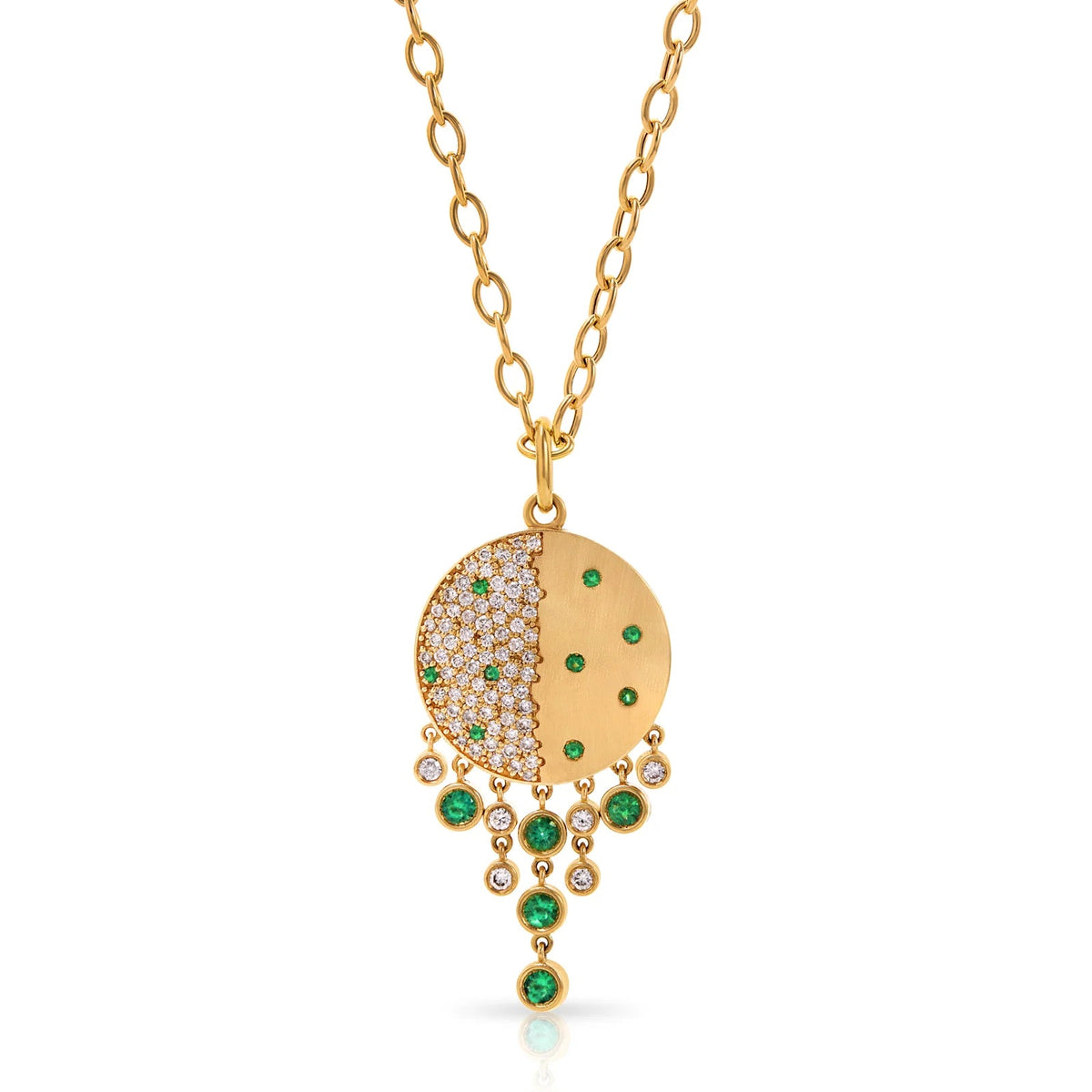 Onirikka Grand Caviar Medallion in satin 14k yellow gold with emerald and diamond detailing, statement pendant from the Avanti Collection.