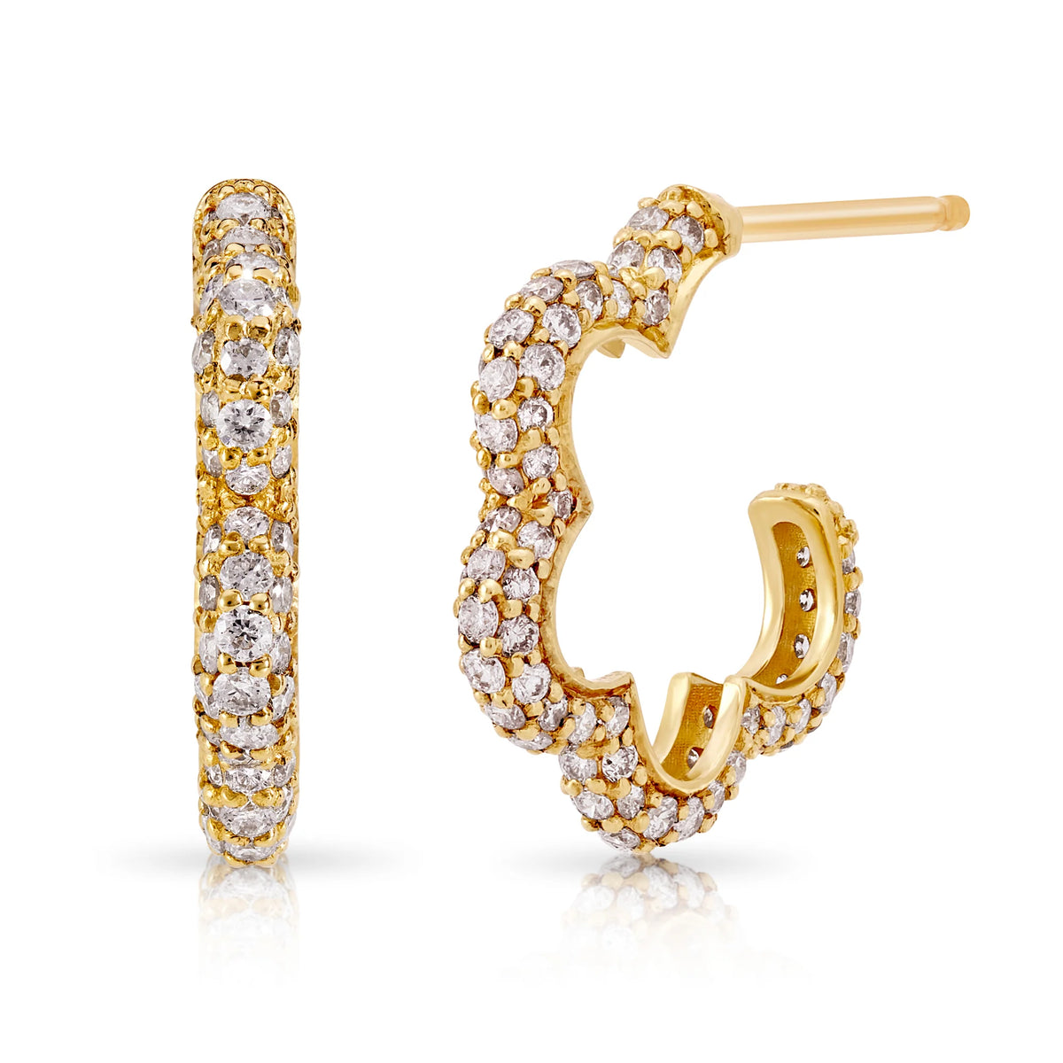 Product Shot of Onirikka Full Pave Floret Hoop in yellow gold and diamonds on a white background.