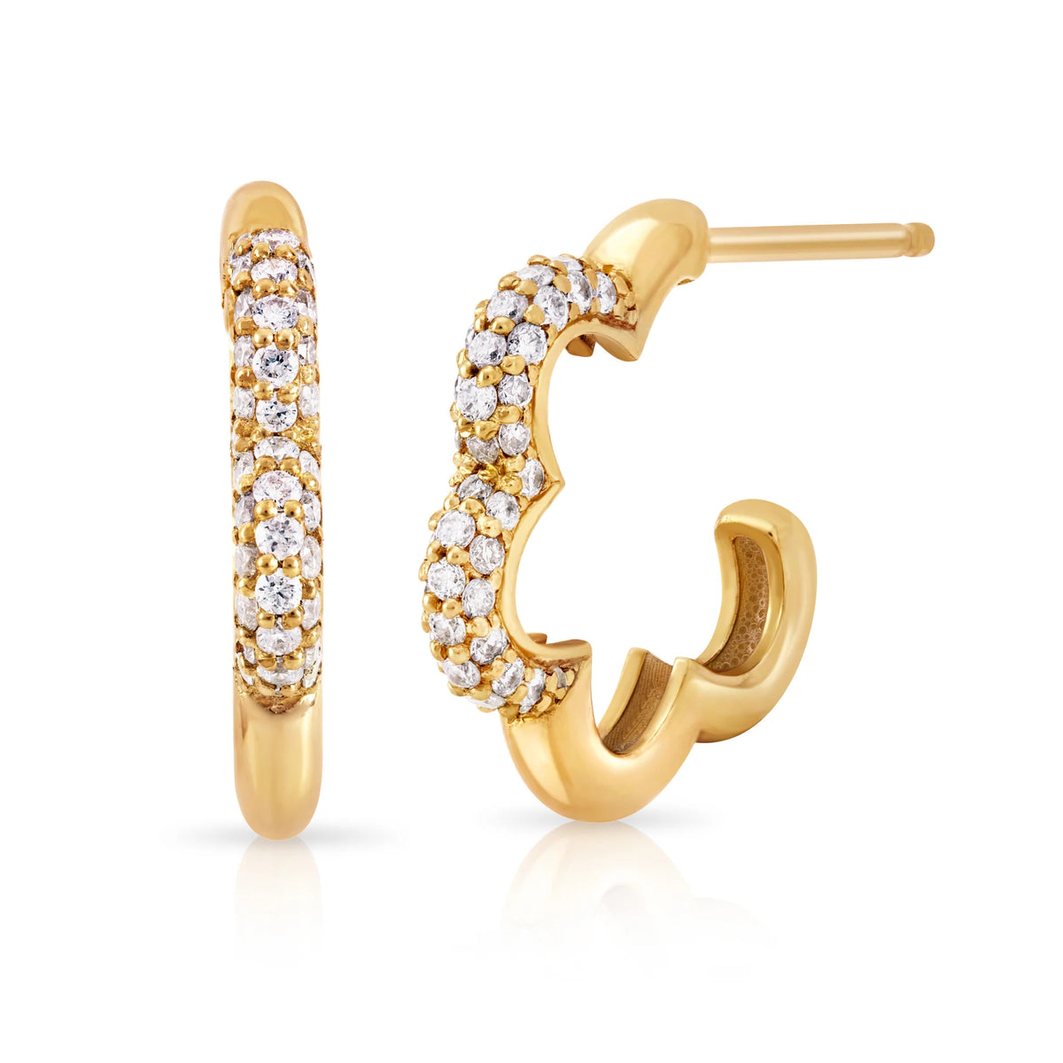 Onirikka Half Pavé Florette Hoops in satin 14k yellow gold with 0.34 ct diamonds, modern sculptural gold hoop earrings.