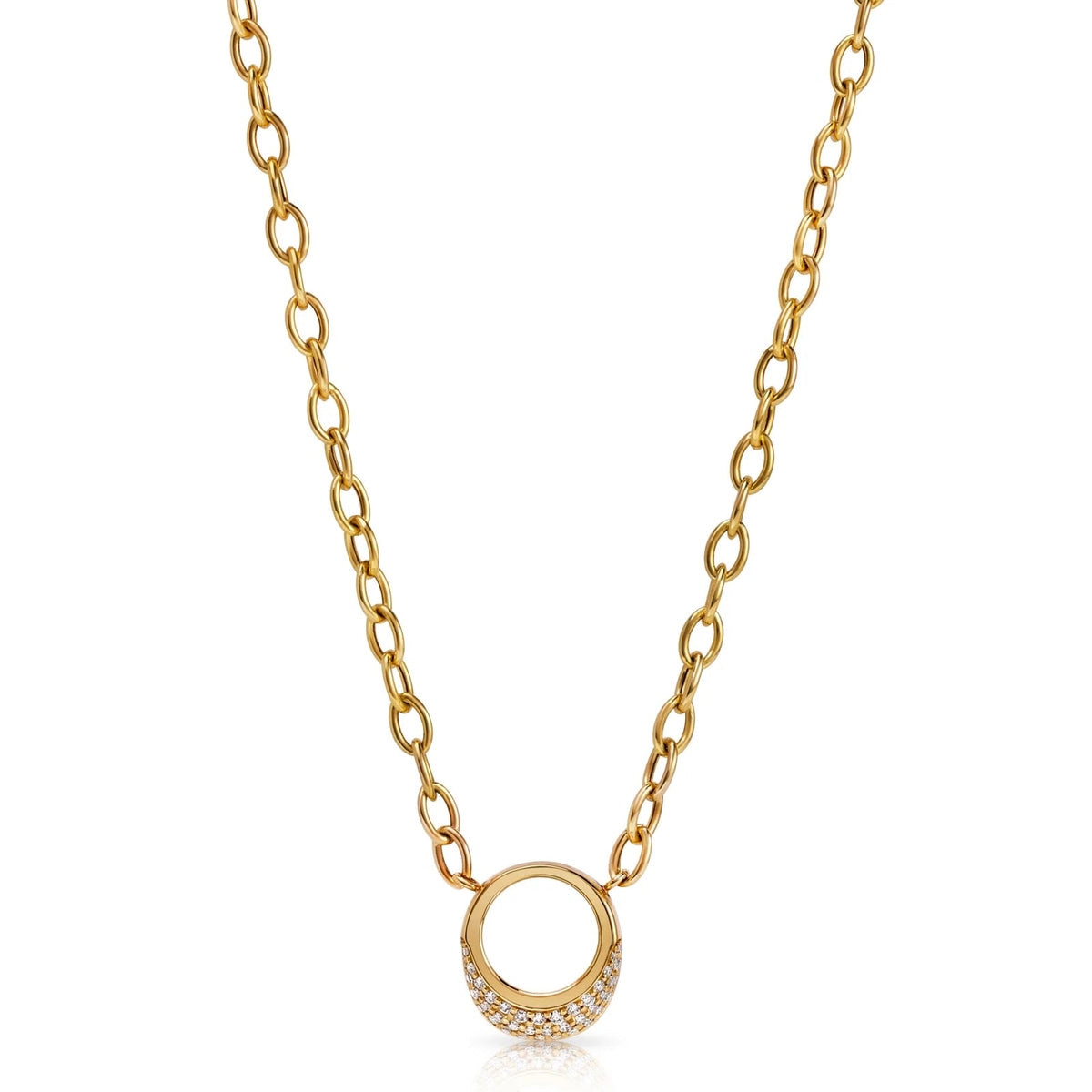 Product Shot of Onirikka La Luz Necklace in polished 14k yellow gold with pavé diamonds on a 3.3 mm 16-inch rolo chain.