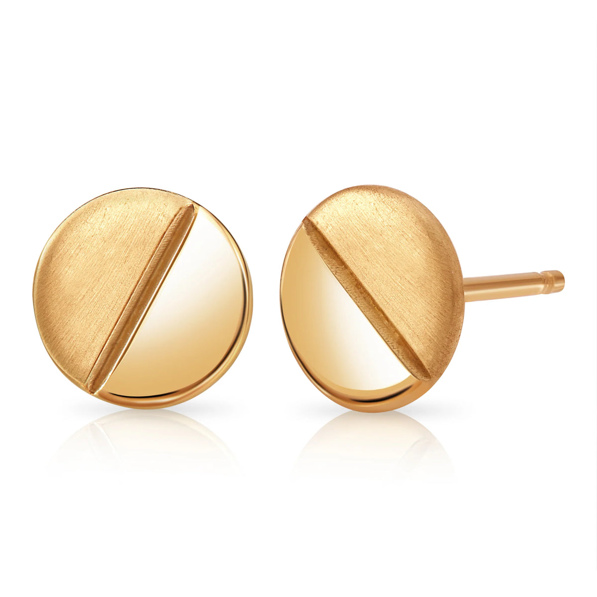 Product shot of Onirikka Notch Stud earrings in yellow gold on a white background. 