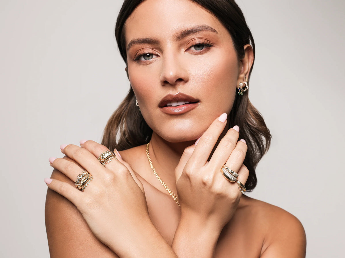 Model shot of Onirikka Petite Caviar Ring in yellow gold