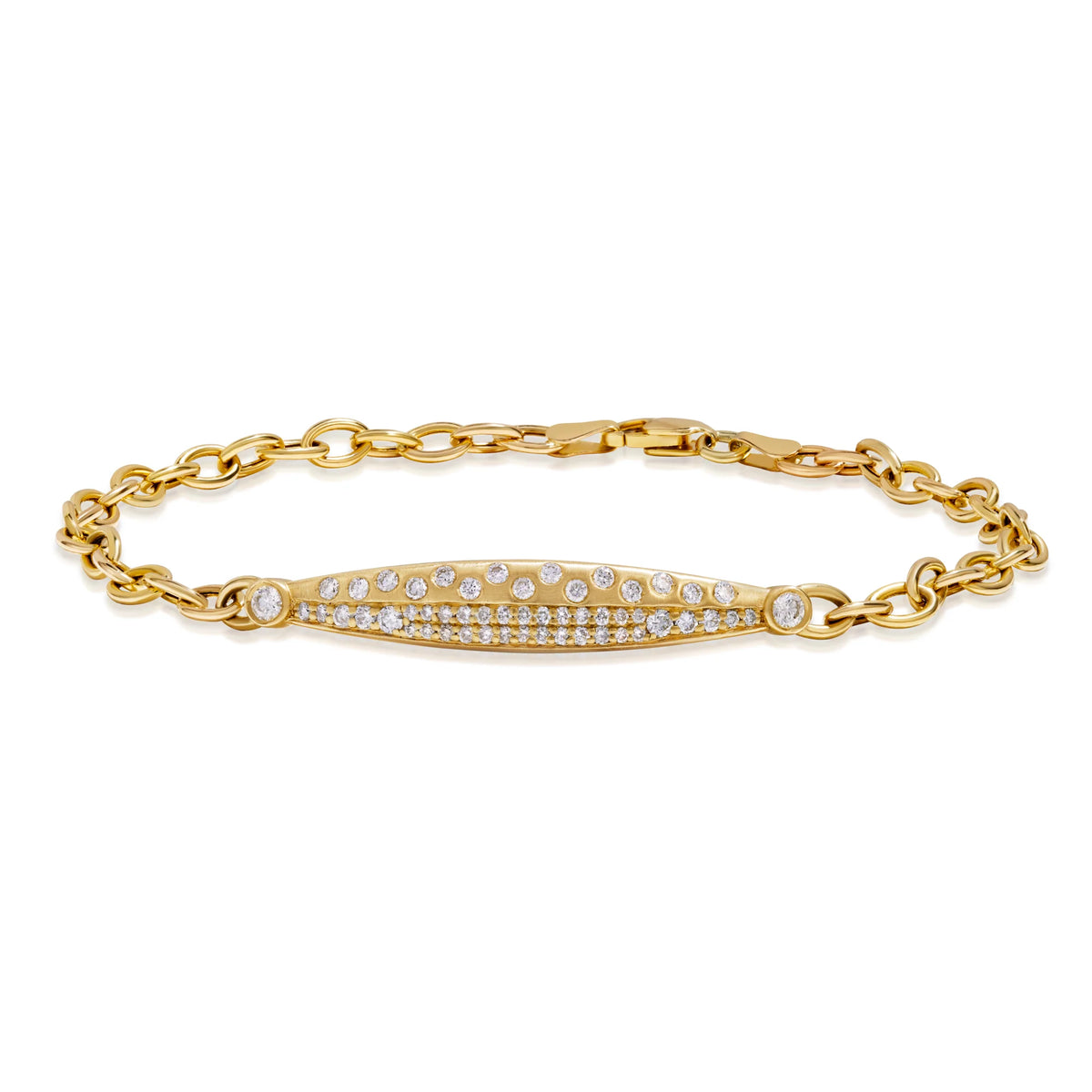 Onirikka Petite Voyage Bracelet in satin 14k yellow gold with 0.19ct pavé diamonds, elegant fine jewelry bracelet designed for layering