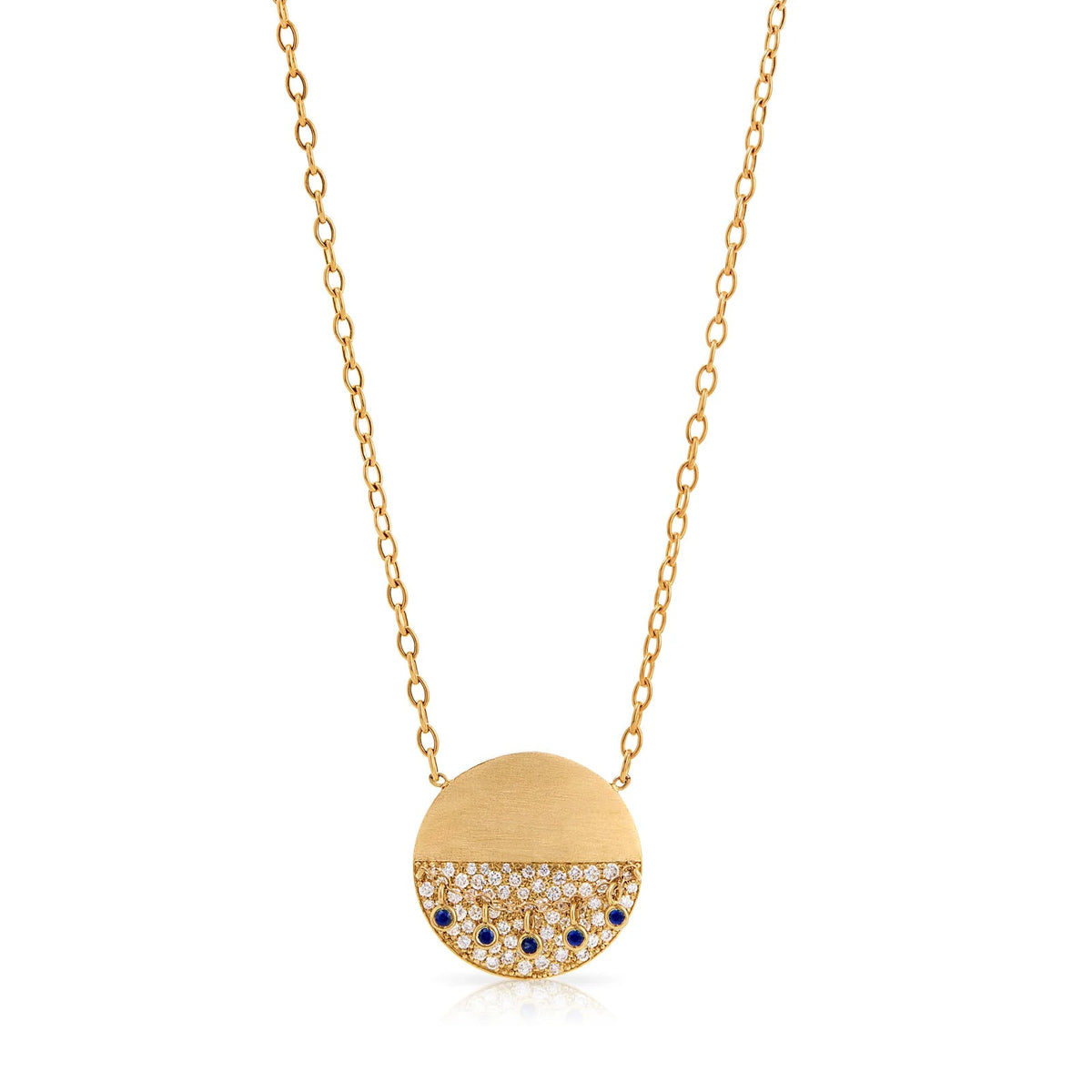 Product Shot of Onirikka Round Hemline Medallion necklace in yellow gold with diamonds and blue sapphire