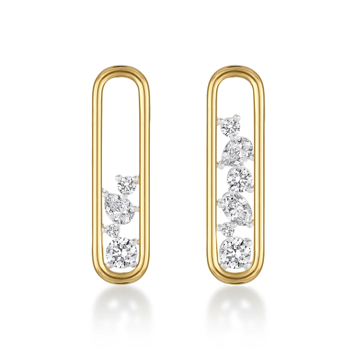 Rosario Navia Mara Drop Earrings in yellow gold and diamonds over a white background.