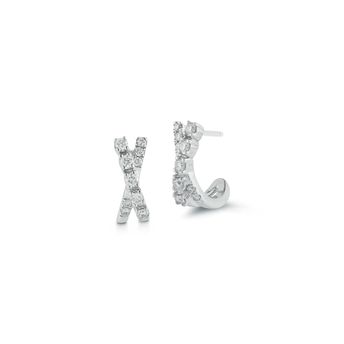 Dana Rebecca Designs Ava Bea Crossover Mini Huggie Earrings in white gold on white background 