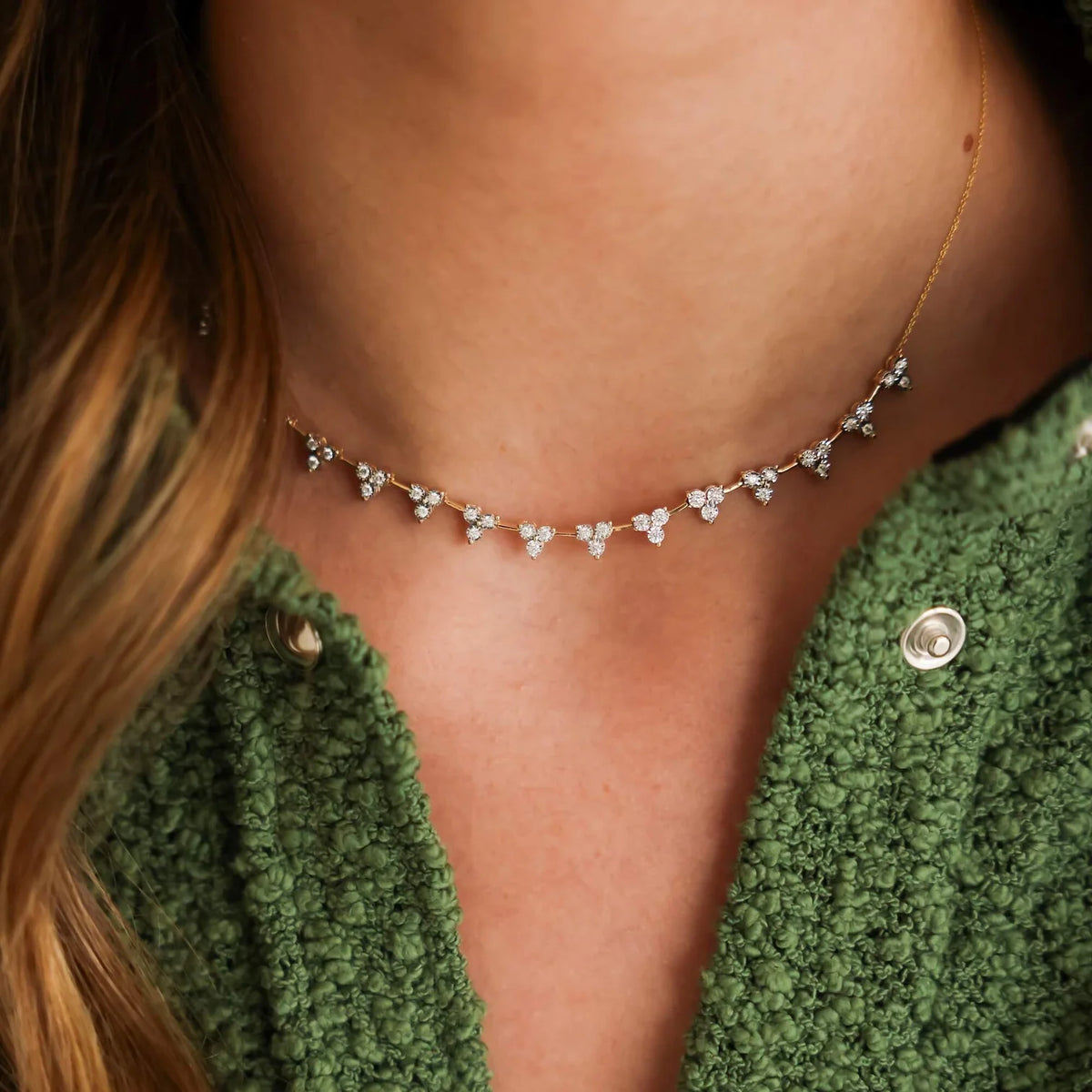 Single Dana Rebecca Designs Ava Bea Interval Trio Tennis Necklace in yellow gold on models neck 