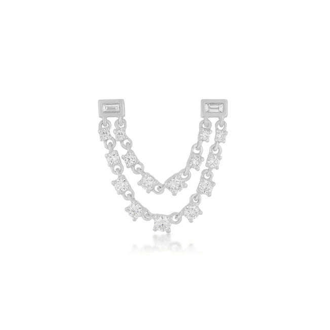 EF Collection Baguette Double Diamond Chain Stud Earring in white gold on white background.