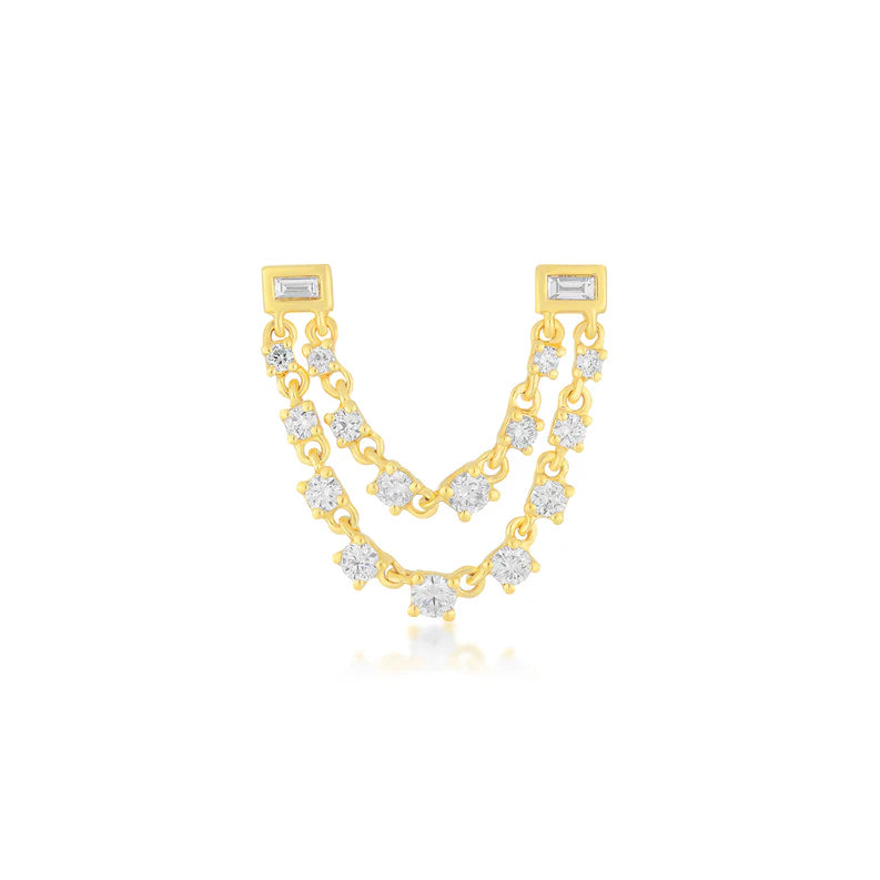 EF Collection Baguette Double Diamond Chain Stud Earring in yellow gold on white background.