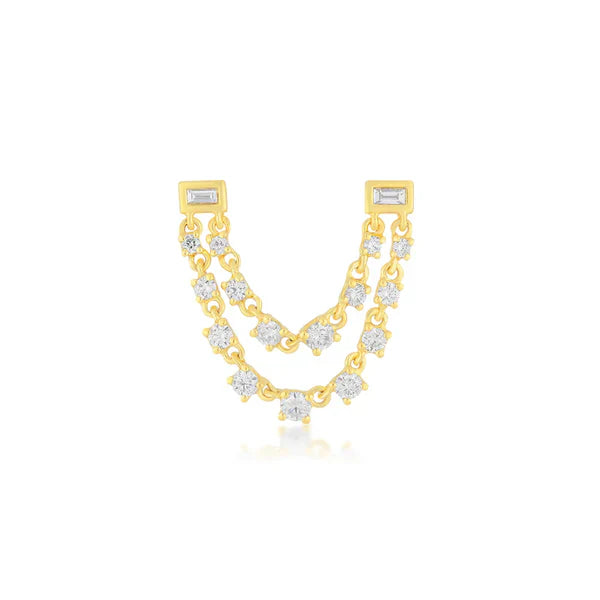 EF-Collection Baguette Double Diamond Chain Stud Earring