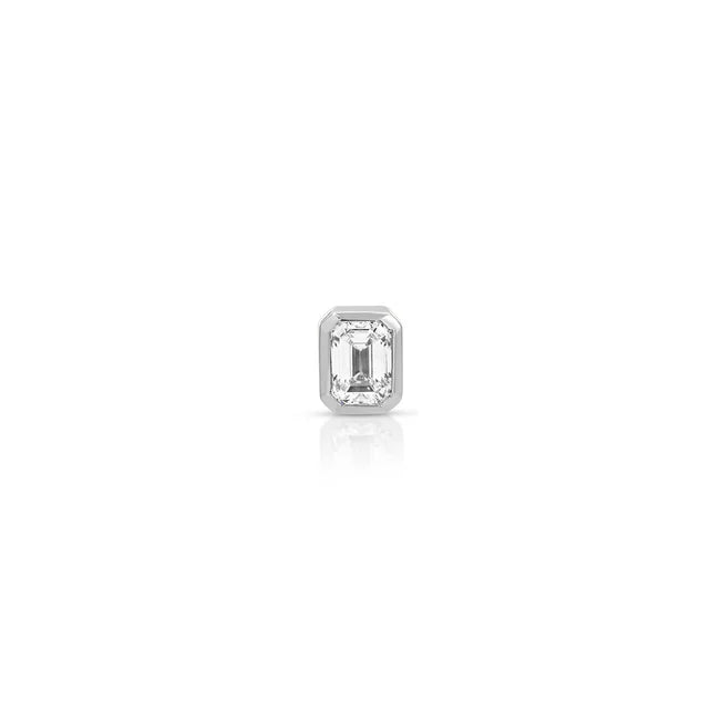 Ef collection Single Bezel Set Emerald Cut Diamond Stud Earring in white gold on white background.