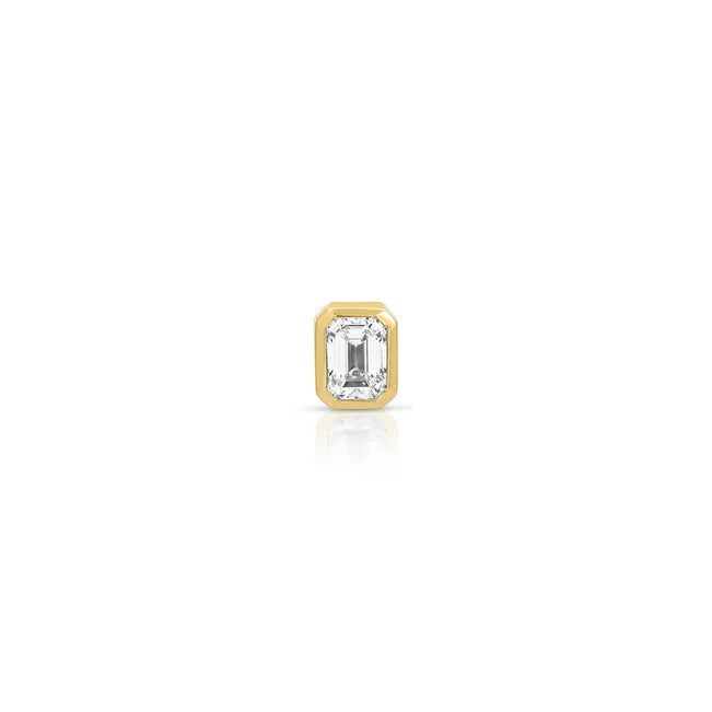 Ef collection Single Bezel Set Emerald Cut Diamond Stud Earring in yellow gold on white background.