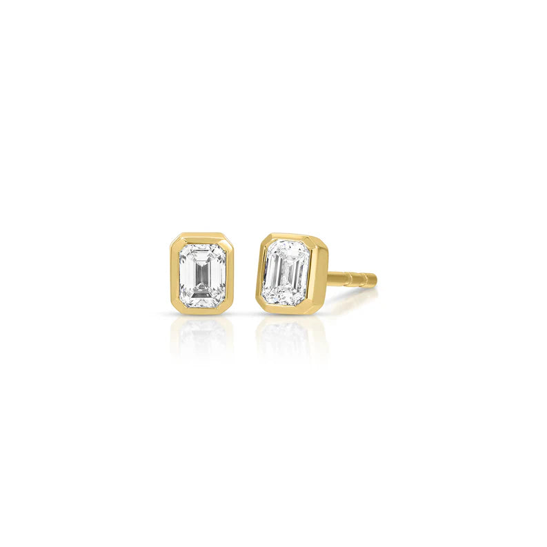 Ef collection Bezel Set Emerald Cut Diamond Stud Earring in yellow gold on white background. 
