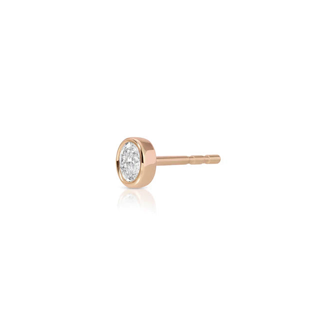 Single EF Collection Bezel Set Oval Diamond Stud Earrings in rose gold displayed on white background. 