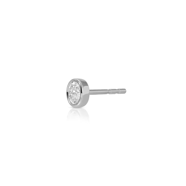 Single EF Collection Bezel Set Oval Diamond Stud Earrings in white gold displayed on white background. 