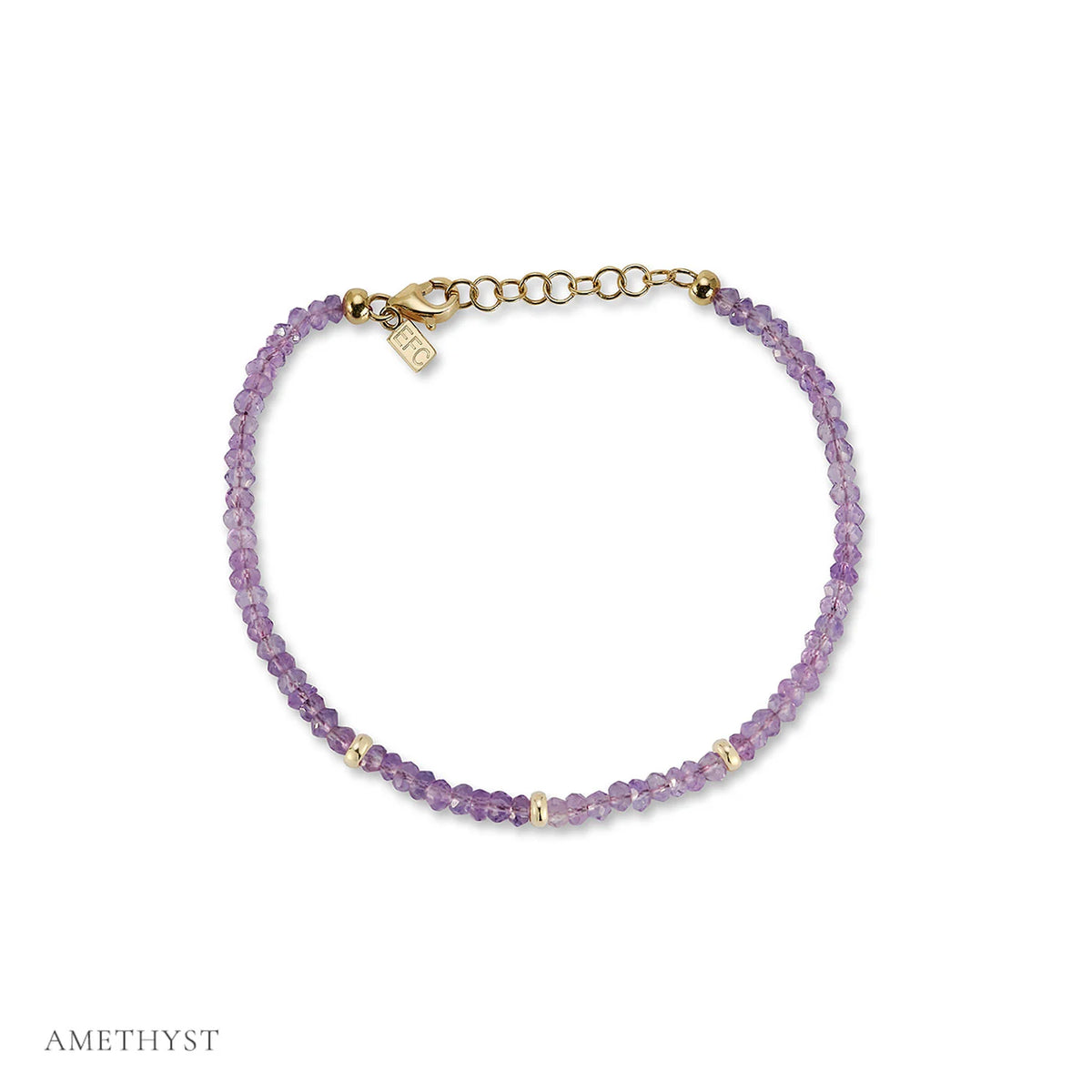 EF-Collection Birthstone Bead Bracelet In Amethyst in yellow gold on white background with label