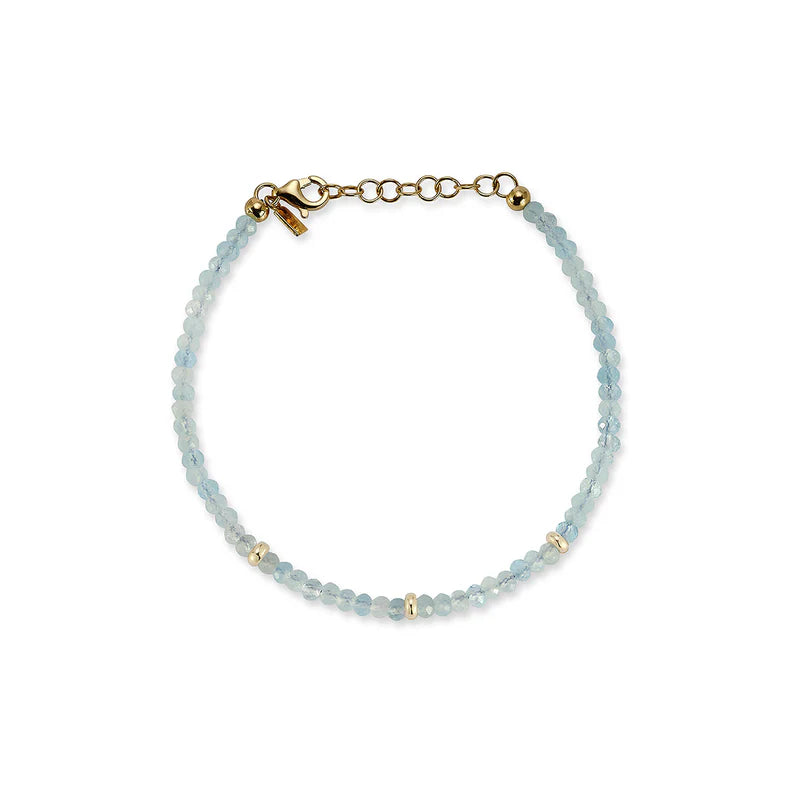 EF-Collection Birthstone Bead Bracelet In Aquamarine in yellow gold on white background 