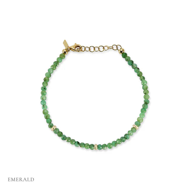 EF-Collection Birthstone Bead Bracelet In Emerald in yellow gold on white background with label