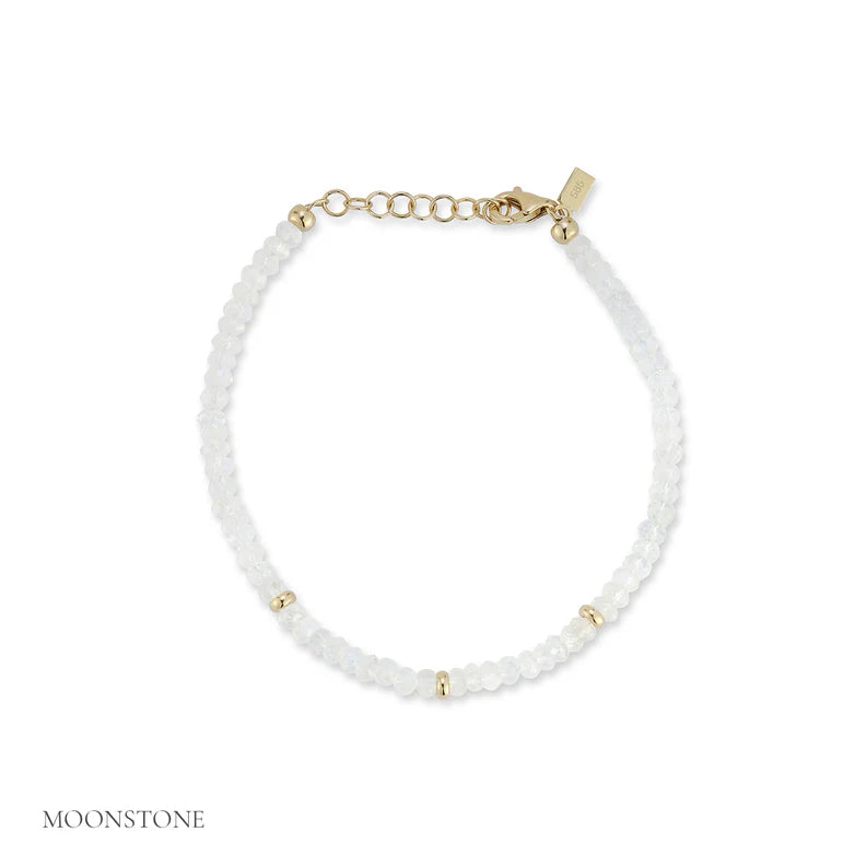 EF-Collection Birthstone Bead Bracelet In Moonstone in yellow gold on white background with label