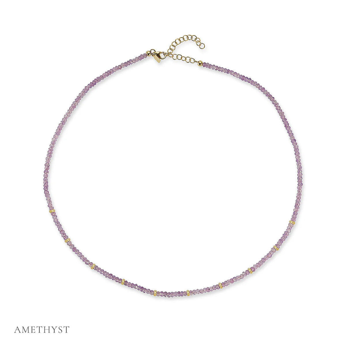 Product shot of EF-Collection Birthstone Bead Necklace In Amethyst on white background with label