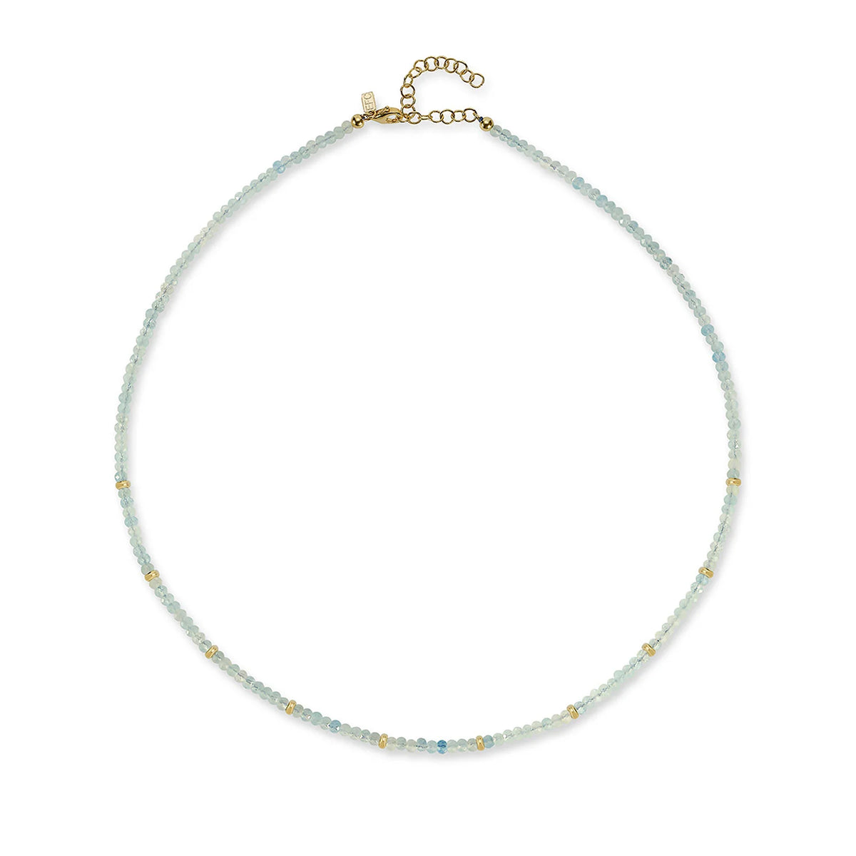 EF-Collection Birthstone Bead Necklace In Aquamarine in yellow gold on white background 