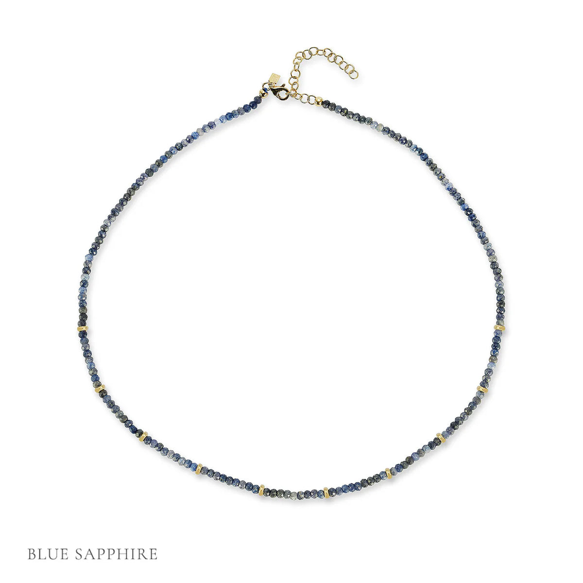 EF-Collection Birthstone Bead Necklace In Blue Sapphire in yellow gold on white background with label