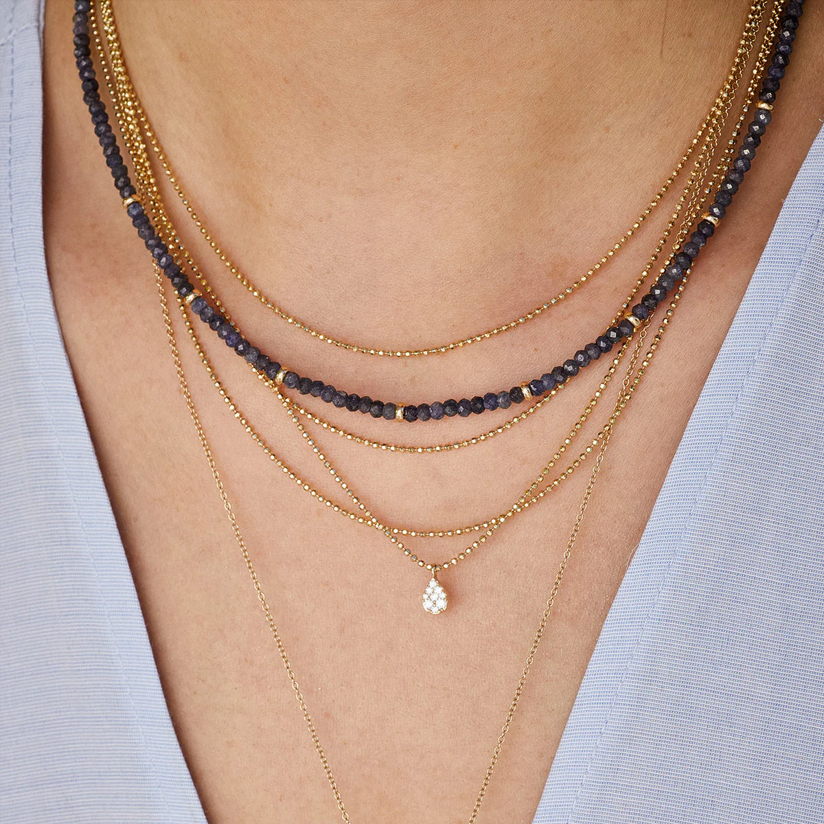 EF-Collection Birthstone Bead Necklace In Blue Sapphire in yellow gold styled on models neck