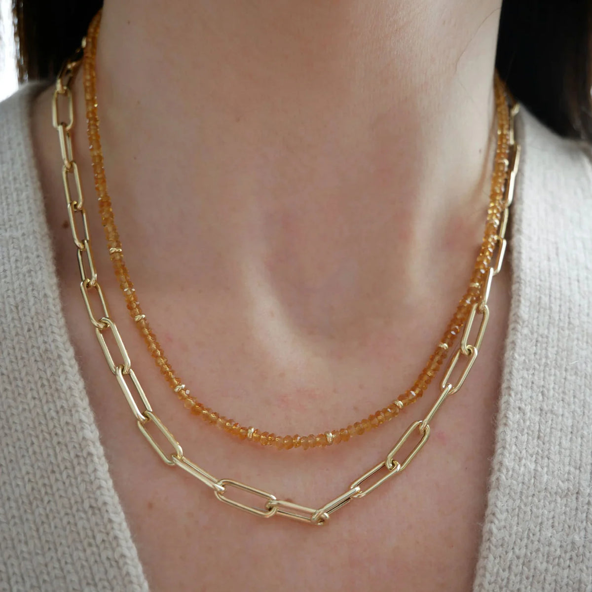 EF-Collection Birthstone Bead Necklace In Citrine in yellow gold on models neck with jumbo chain necklace