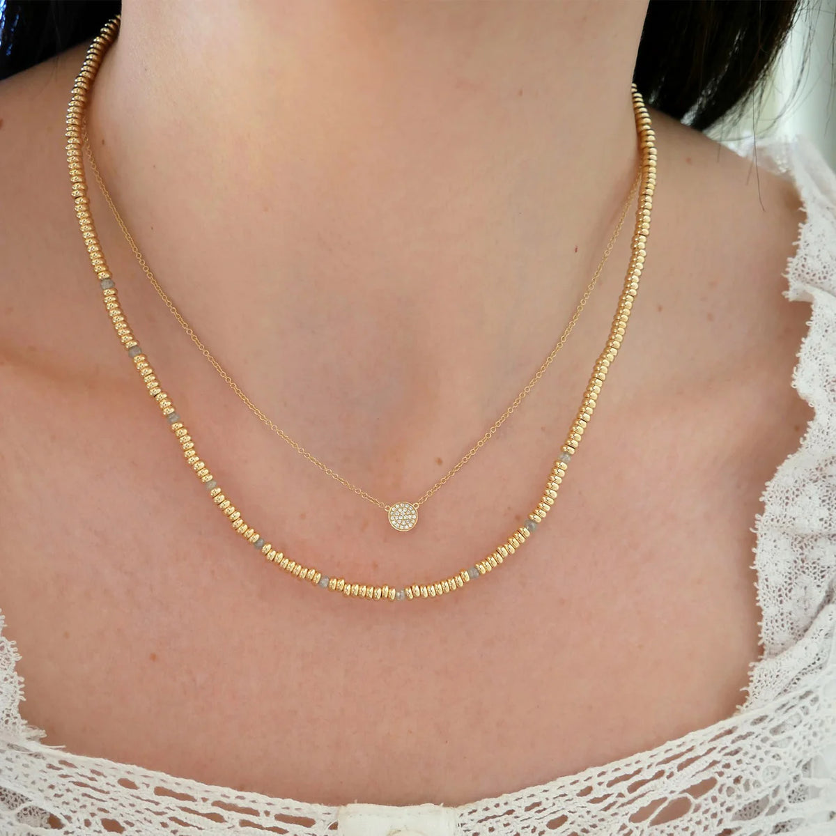 EF-Collection Birthstone Bead Necklace In Diamond in yellow gold styled on models neck