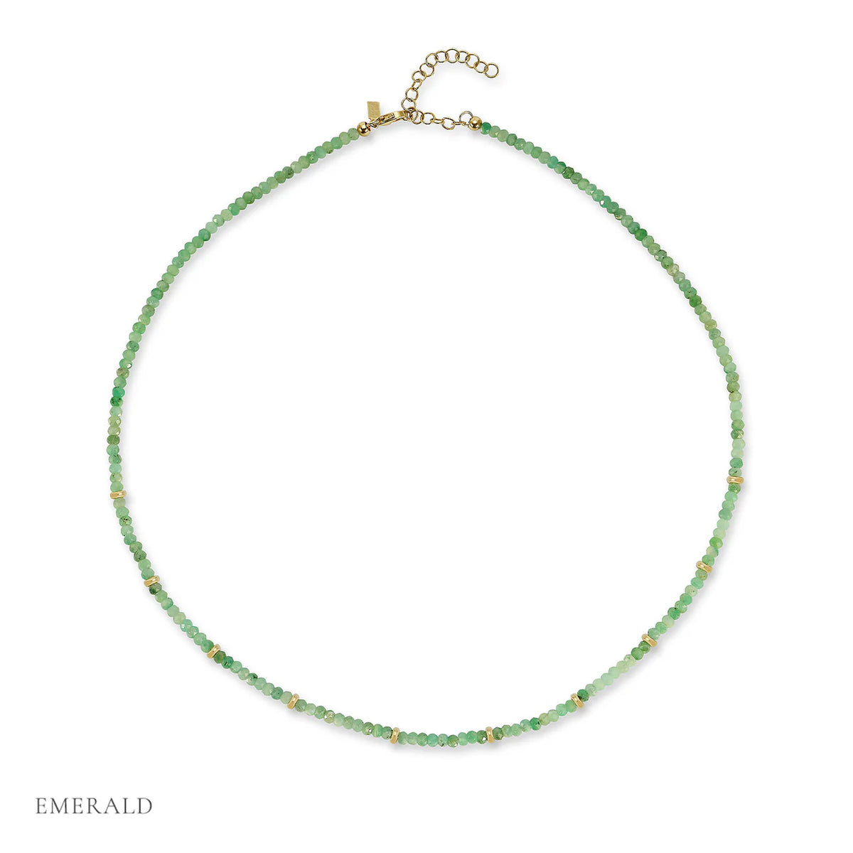 Product shot of EF-Collection Birthstone Bead Necklace In Emerald in yellow gold on white background with label