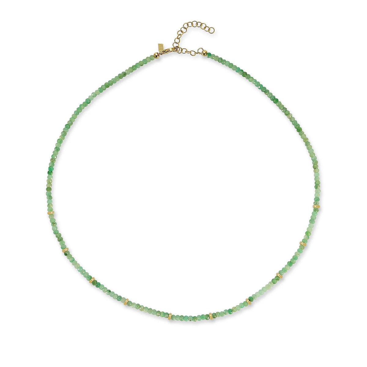 Product shot of EF-Collection Birthstone Bead Necklace In Emerald in yellow gold on white background
