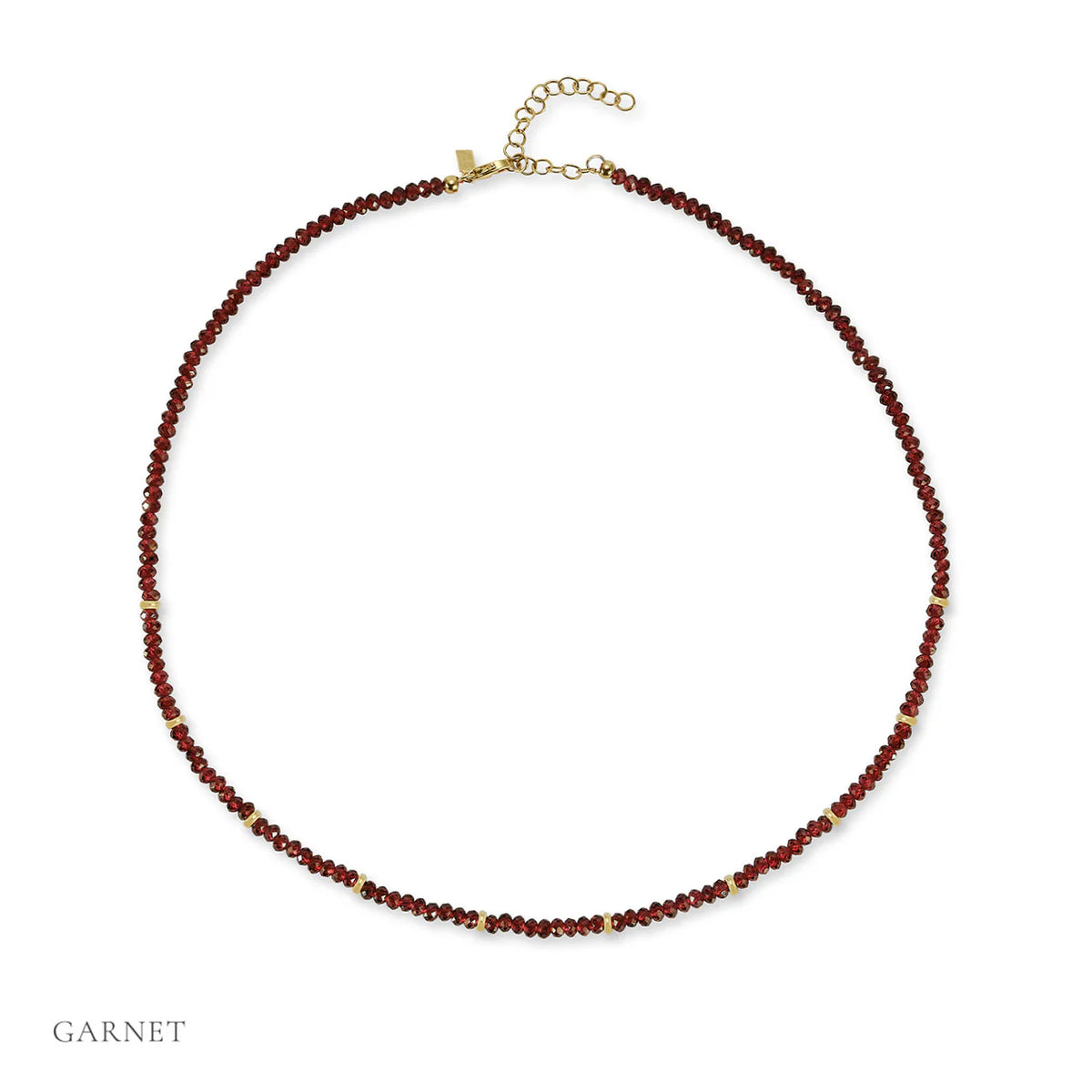 EF-Collection Birthstone Bead Necklace In Garnet in yellow gold on white background  with garnet name at the bottom of the picture