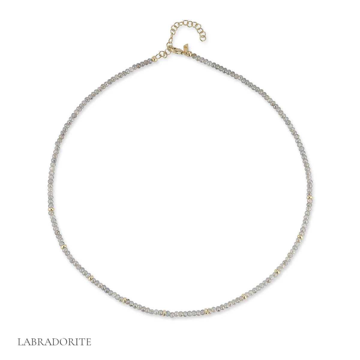 EF-Collection Birthstone Bead Necklace In Labradorite in yellow gold on white background with label
