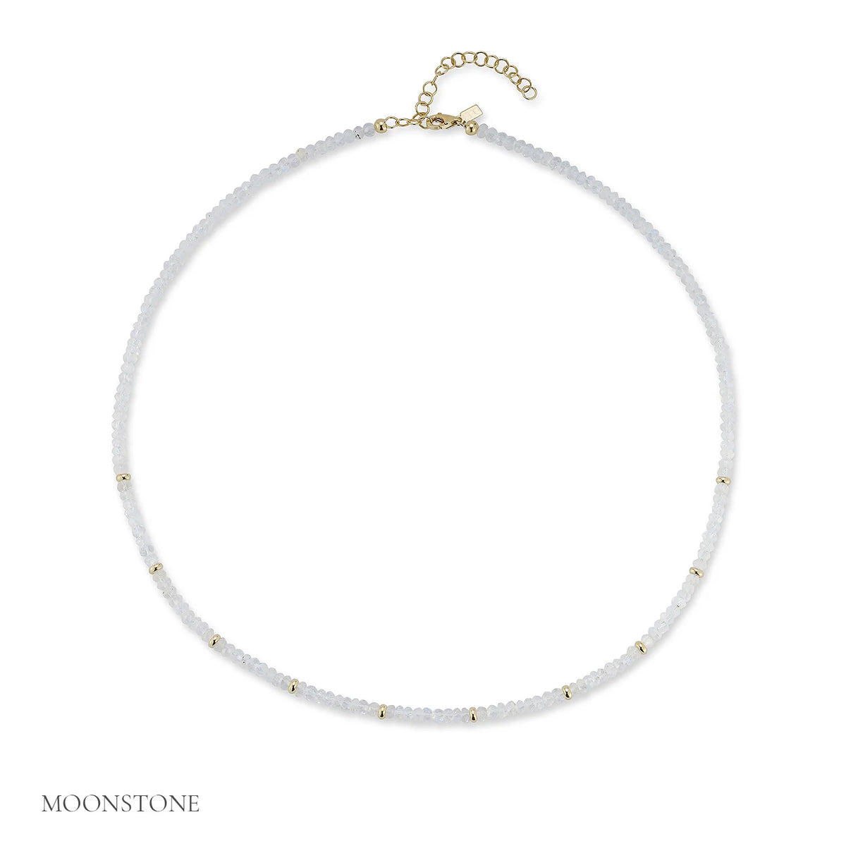 EF-Collection Birthstone Bead Necklace In Moon Stone in yellow gold on white background with label