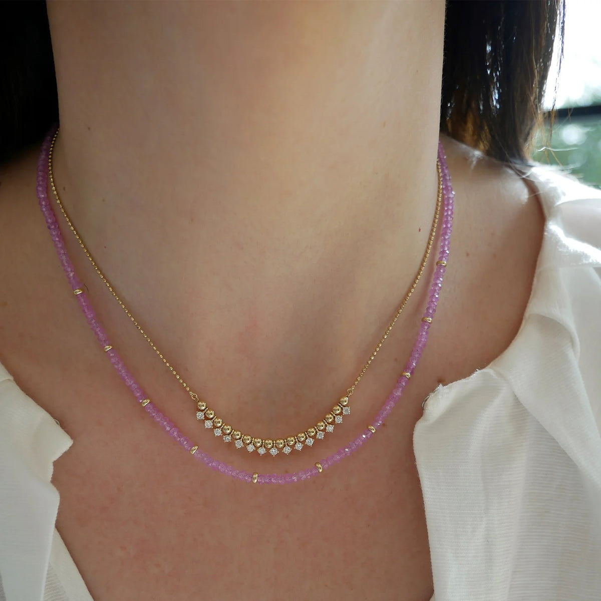EF-Collection Birthstone Bead Necklace In Pink Sapphire in yellow gold styled on models neck