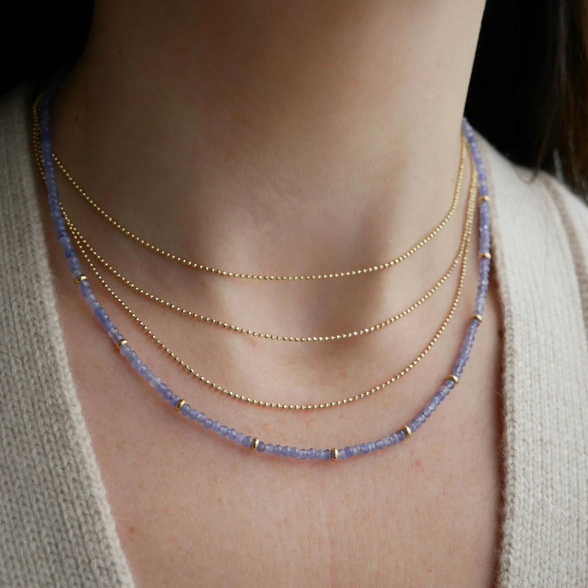 EF-Collection Birthstone Bead Necklace In Tanzanite styled on models neck